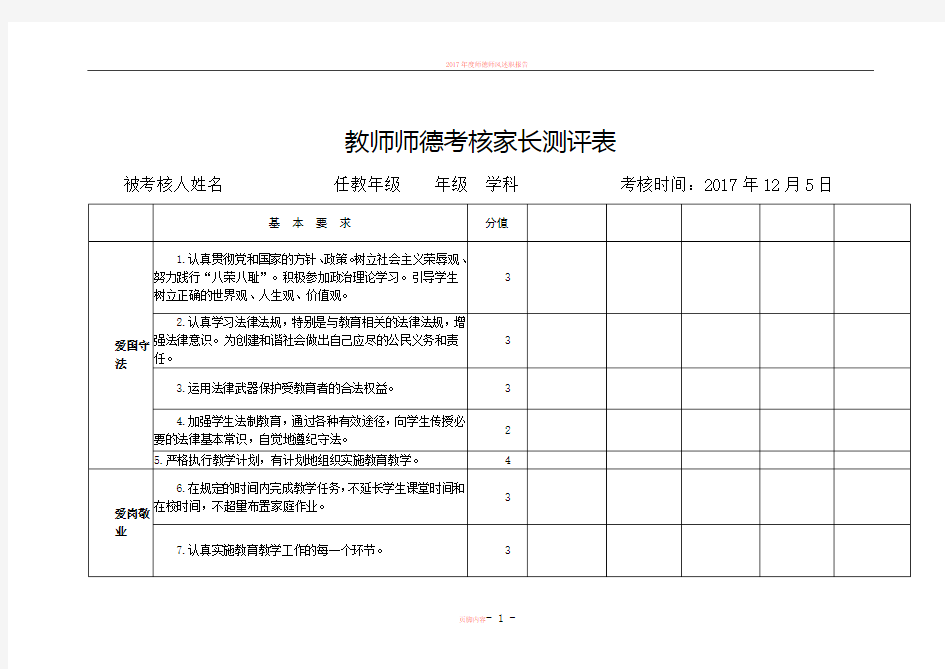 2017年度师德考核家长评价表