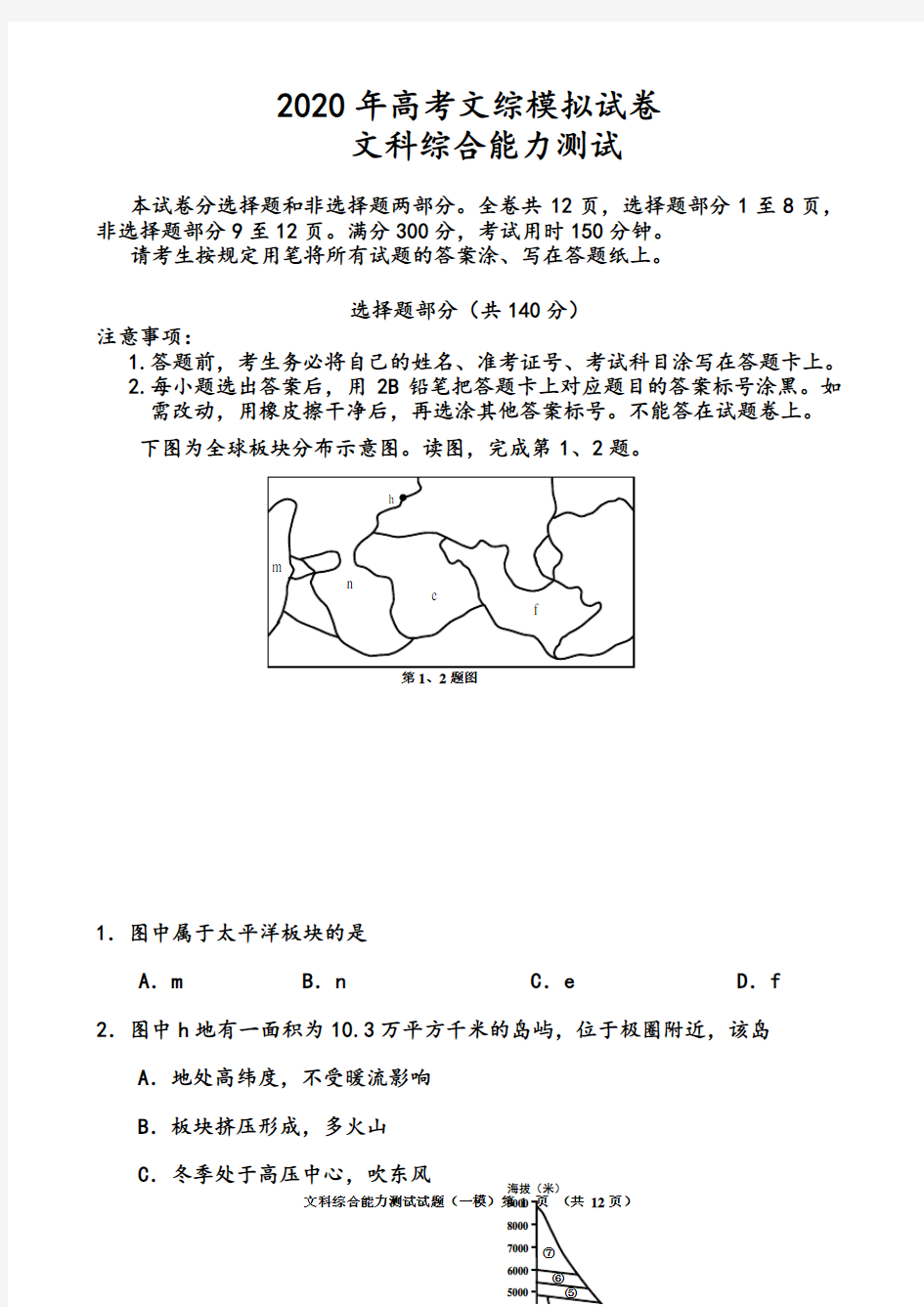 【模拟试卷】2020高考文综模拟试卷及答案