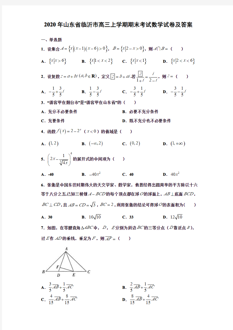 2020年山东省临沂市高三上学期期末考试数学试卷及答案