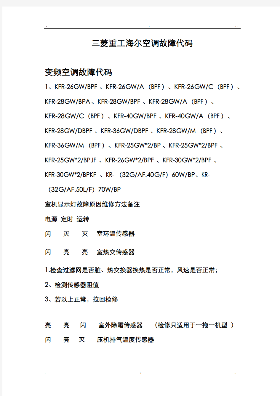 三菱重工海尔空调故障代码