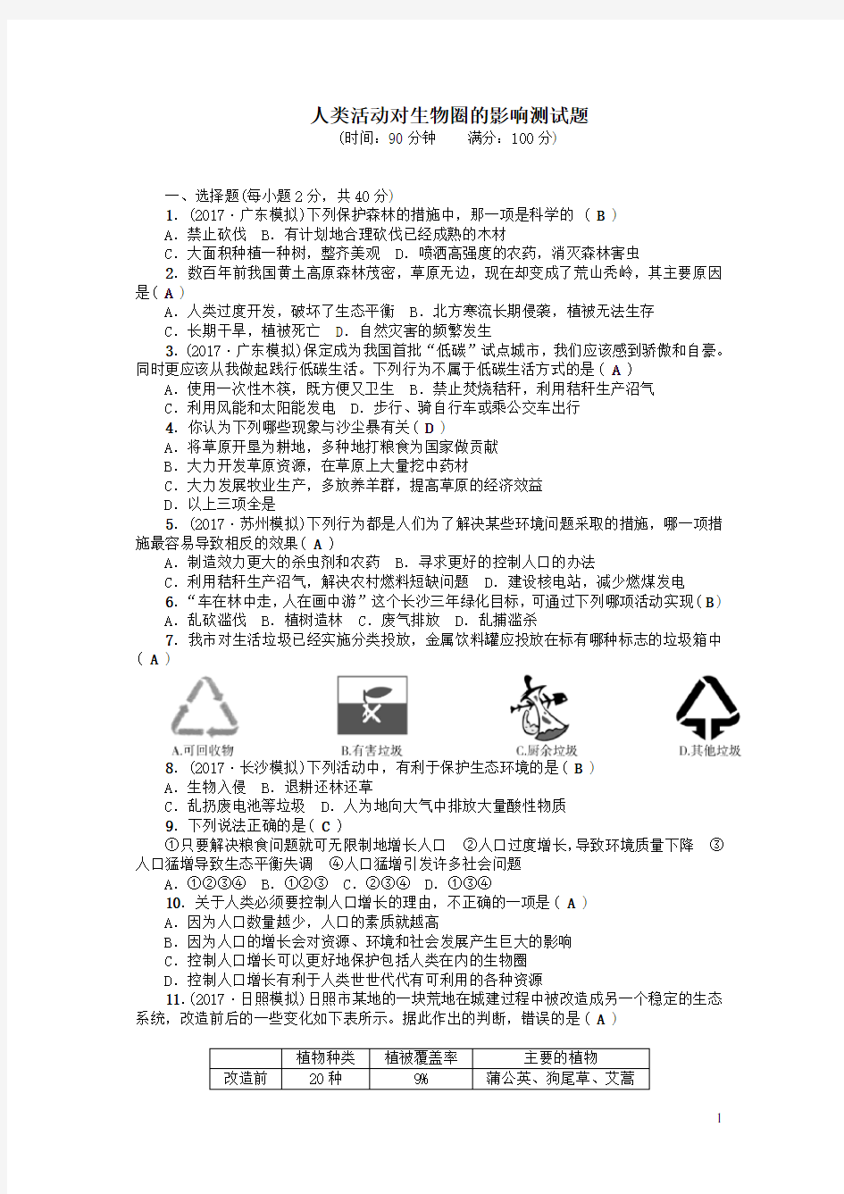 七年级生物下册第七章人类活动对生物圈的影响测试题新人教版