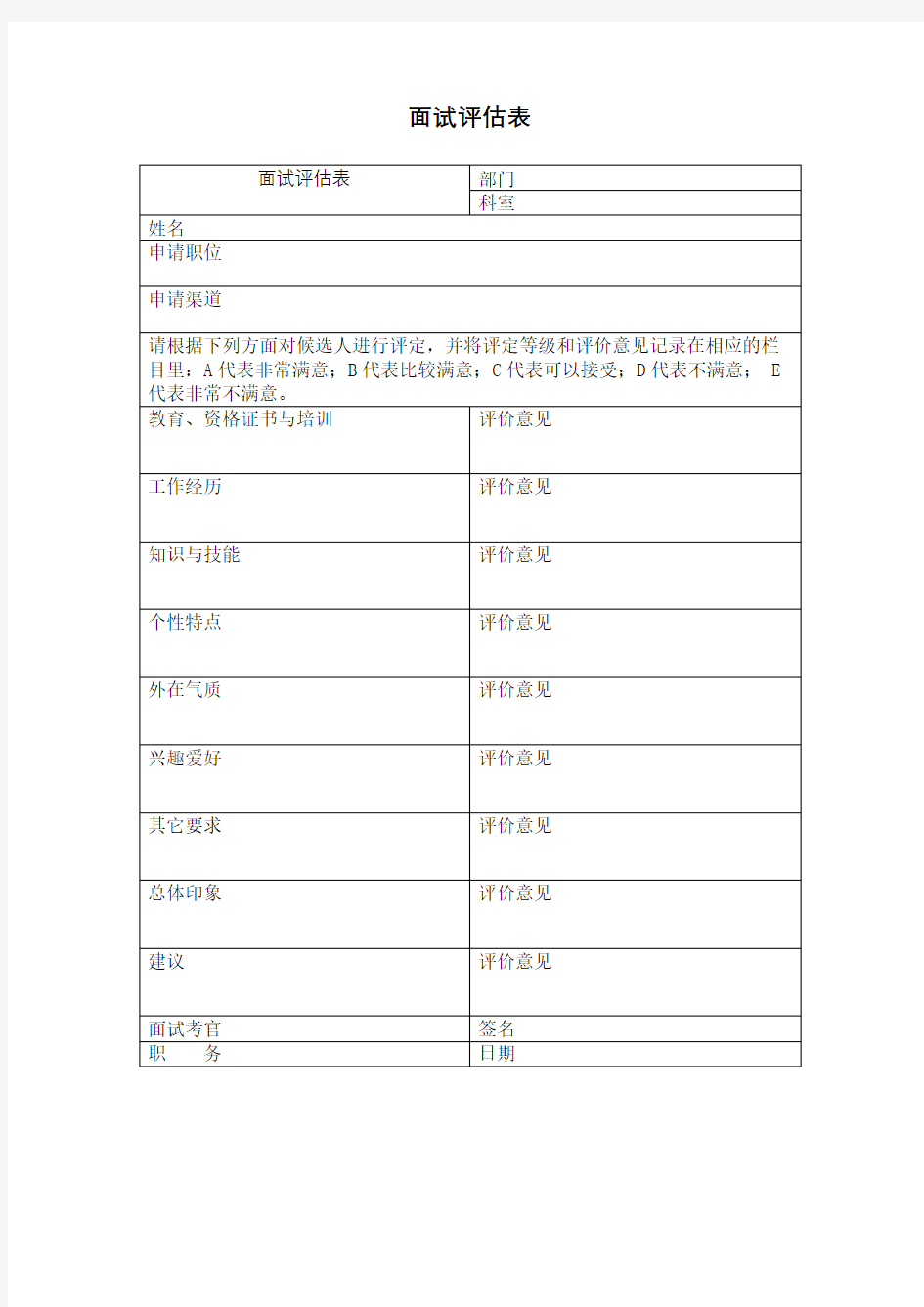 面试评估表表格格式