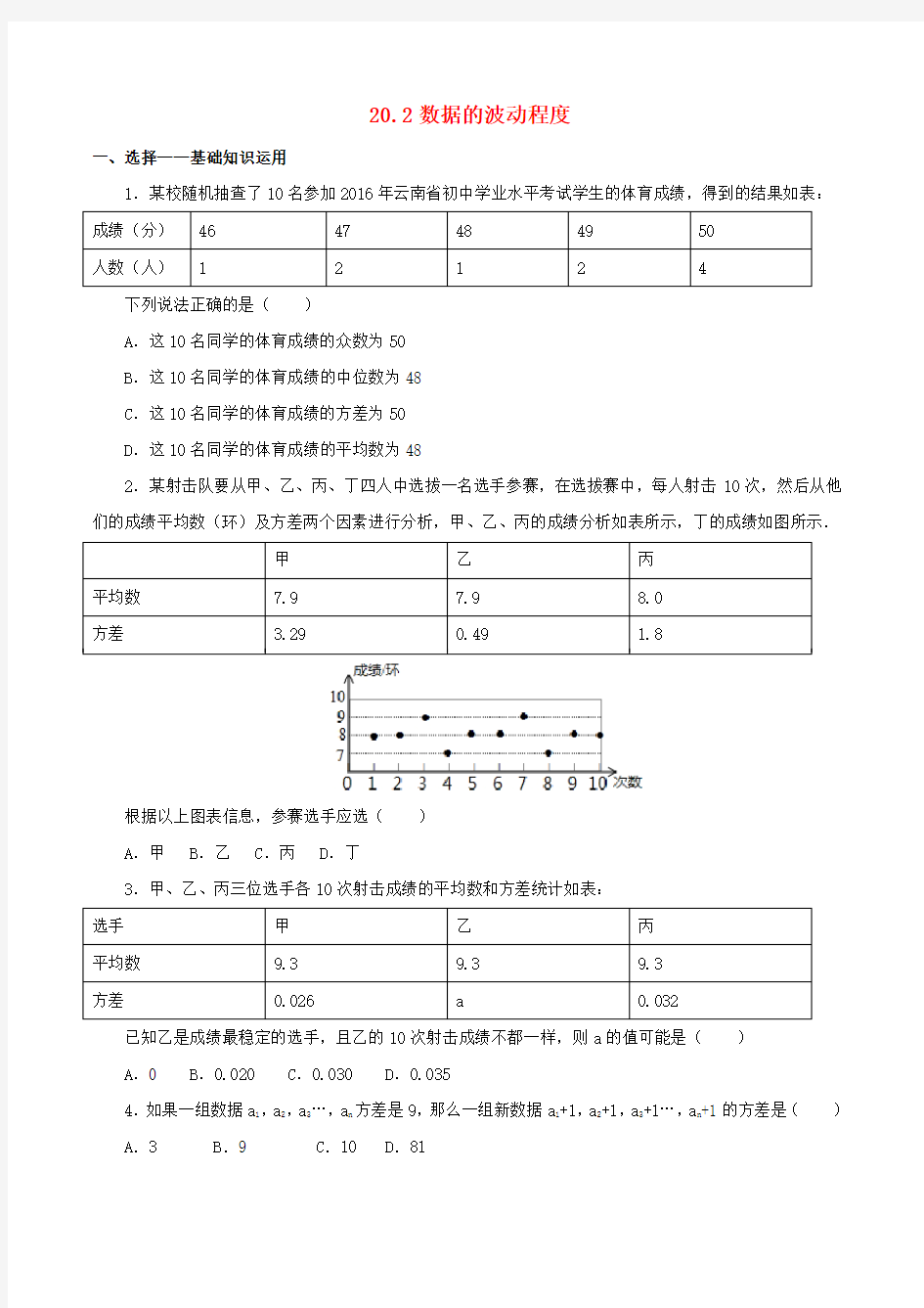 八年级数学下册第二十章数据的分析20.2数据的波动程度作业设计新版新人教版