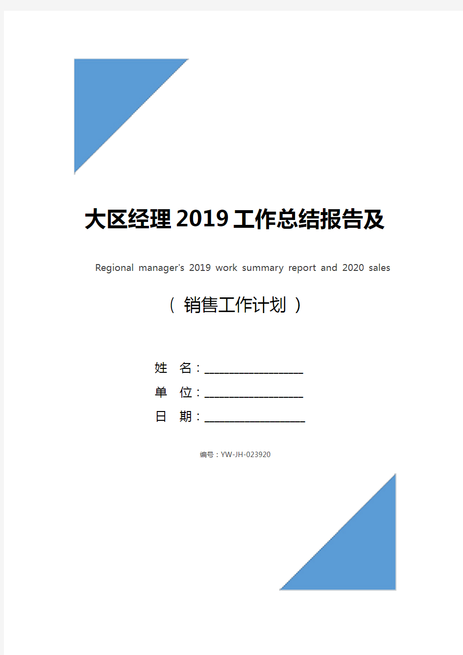 大区经理2019工作总结报告及2020年销售工作计划