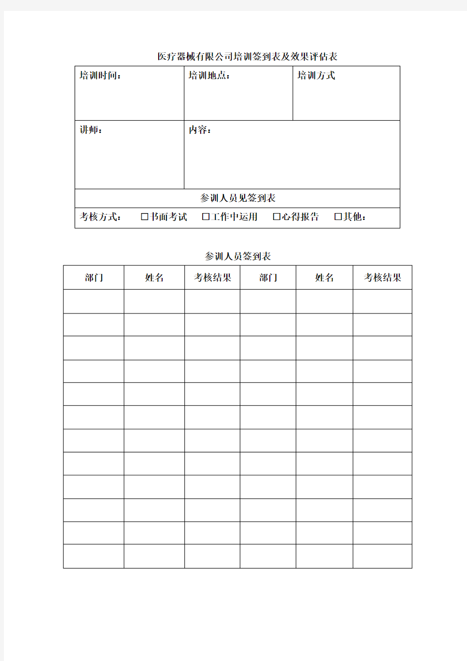 医疗器械有限公司培训签到表及效果评估表2