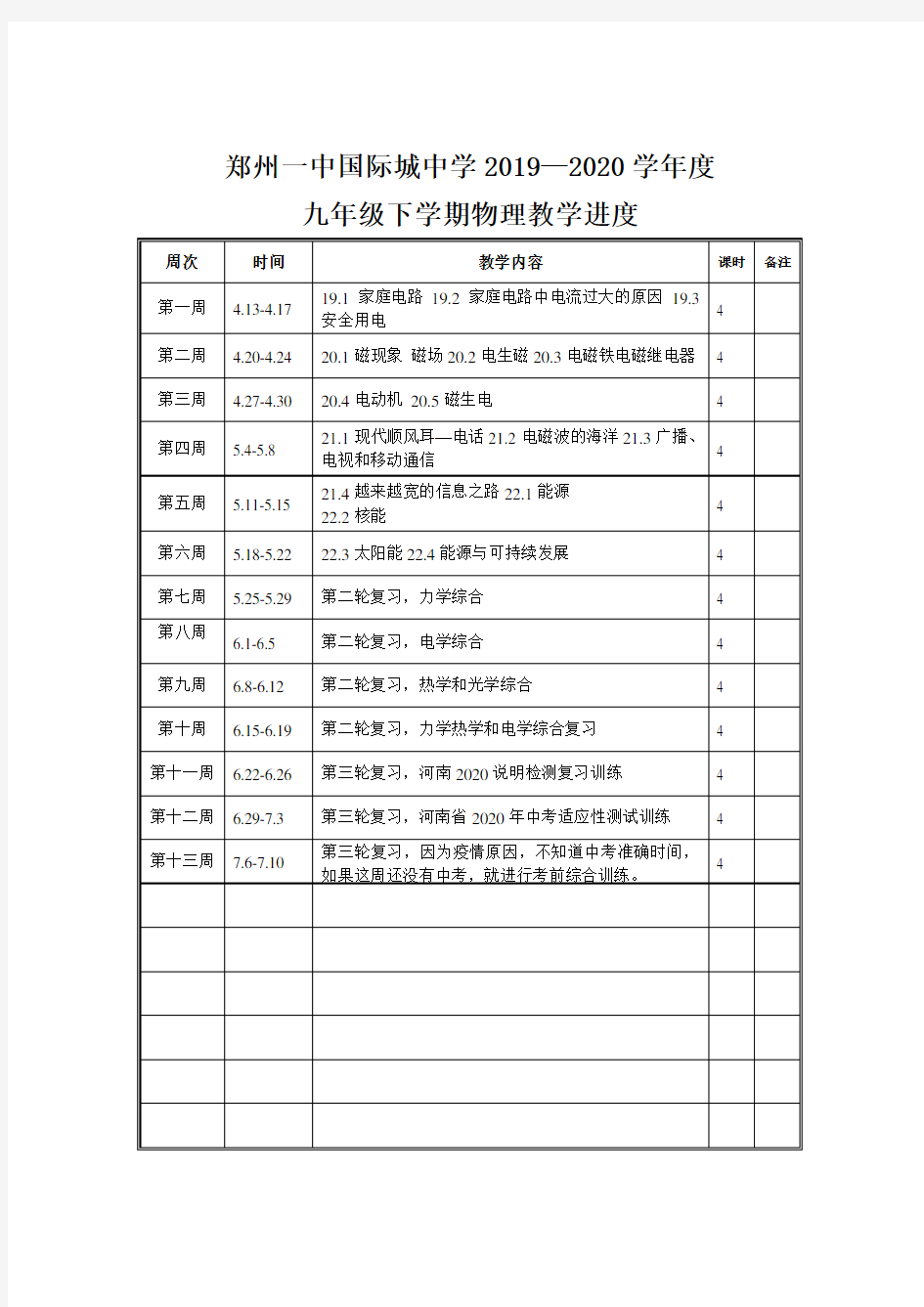 2020人教版九年级物理下学期教学计划进度表