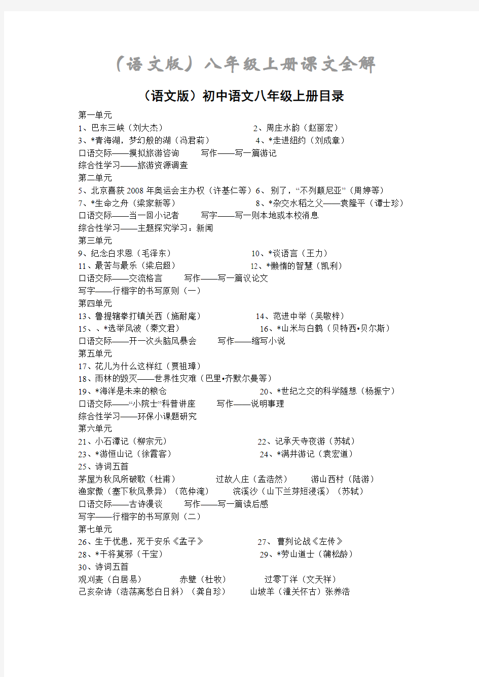 语文版八年级上册语文课文全解(成套)讲义