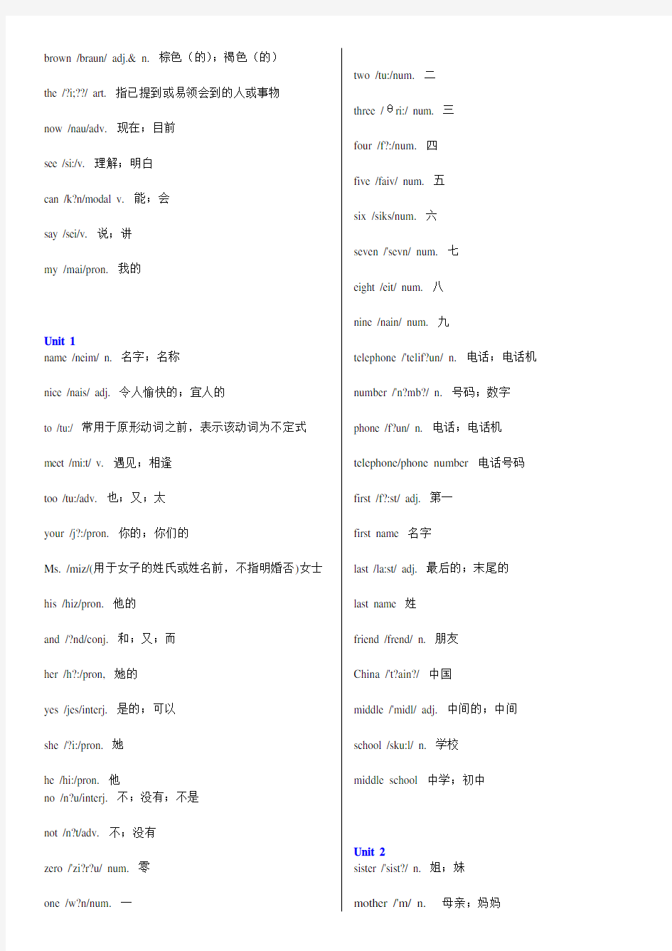 2017人教版七年级上册英语单词表