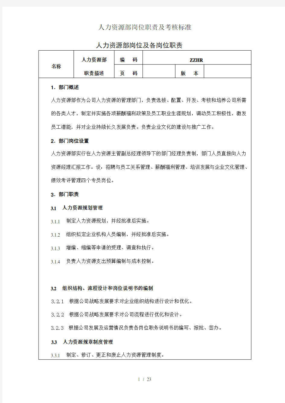 人力资源部岗位职责及考核标准