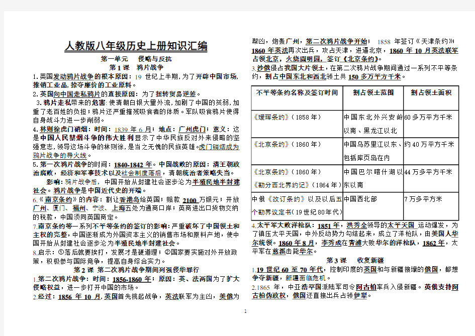 人教版八年级历史上册知识点归纳(最新版)新整理