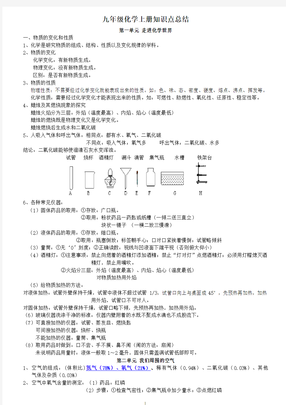 初中九年级化学知识点总结