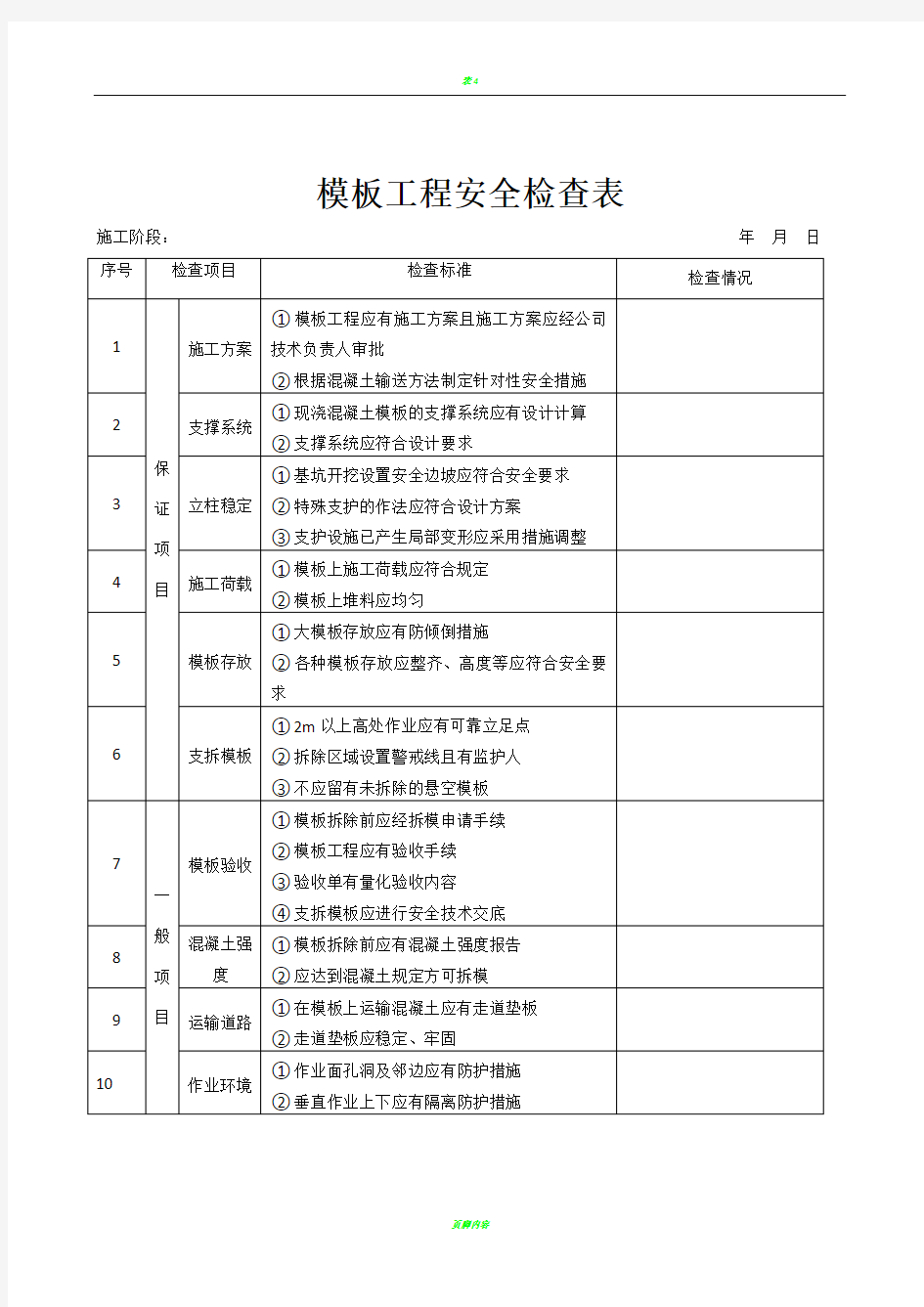 模板工程安全检查表