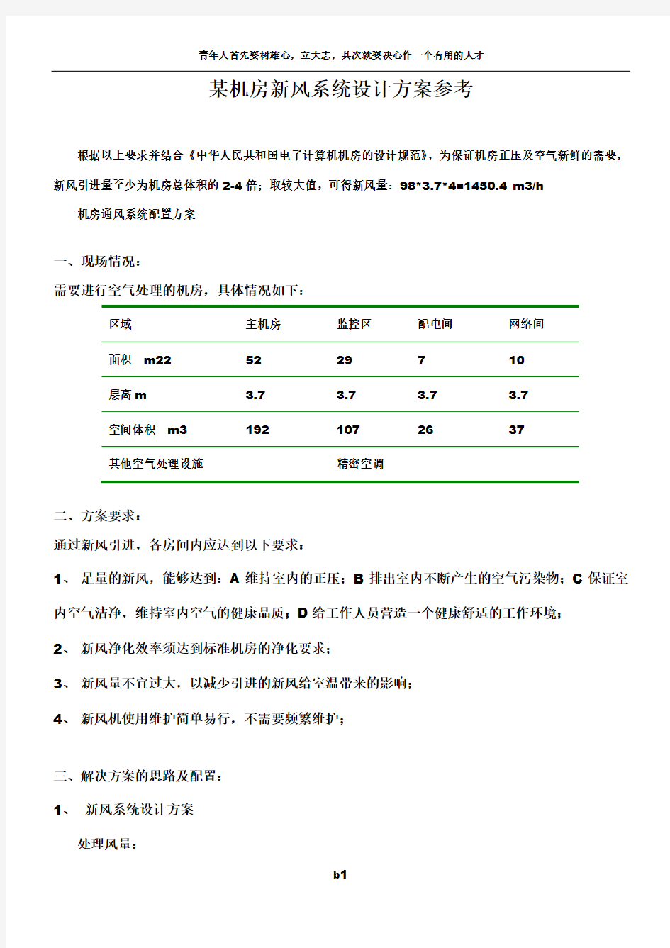 某机房新风系统设计方案参考