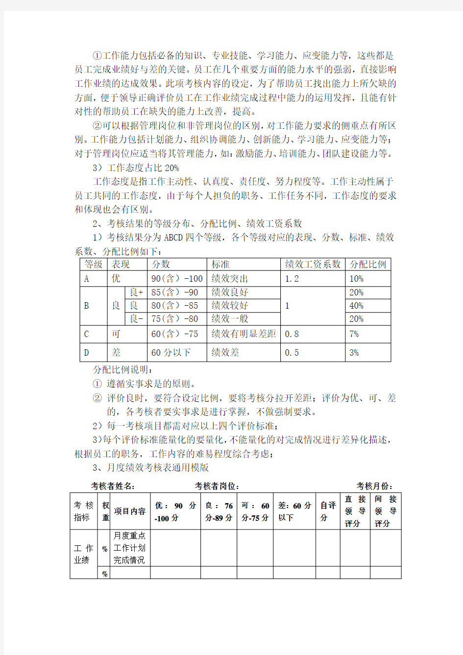 月度绩效考核暂行办法