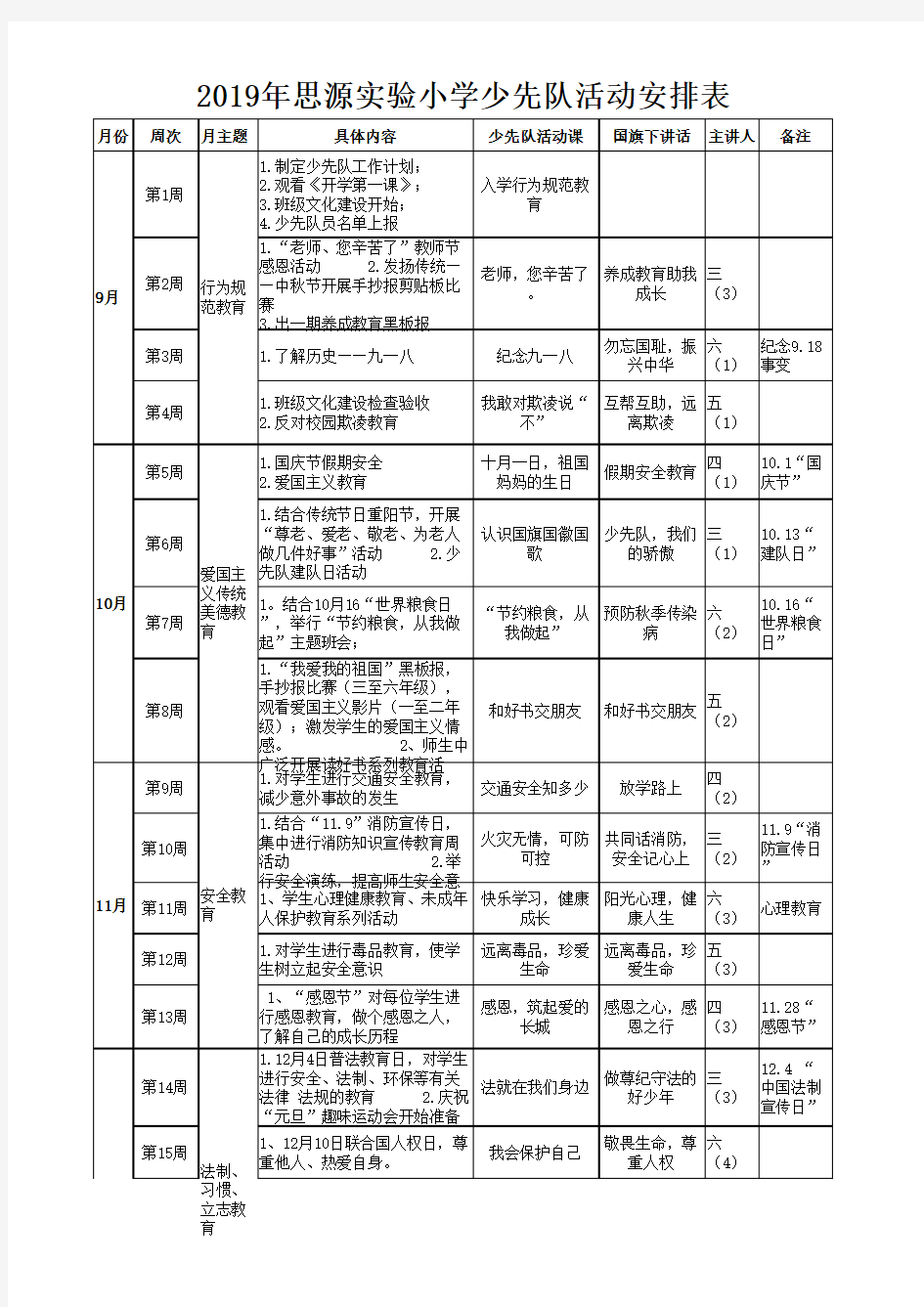 2019秋季少先队活动安排表