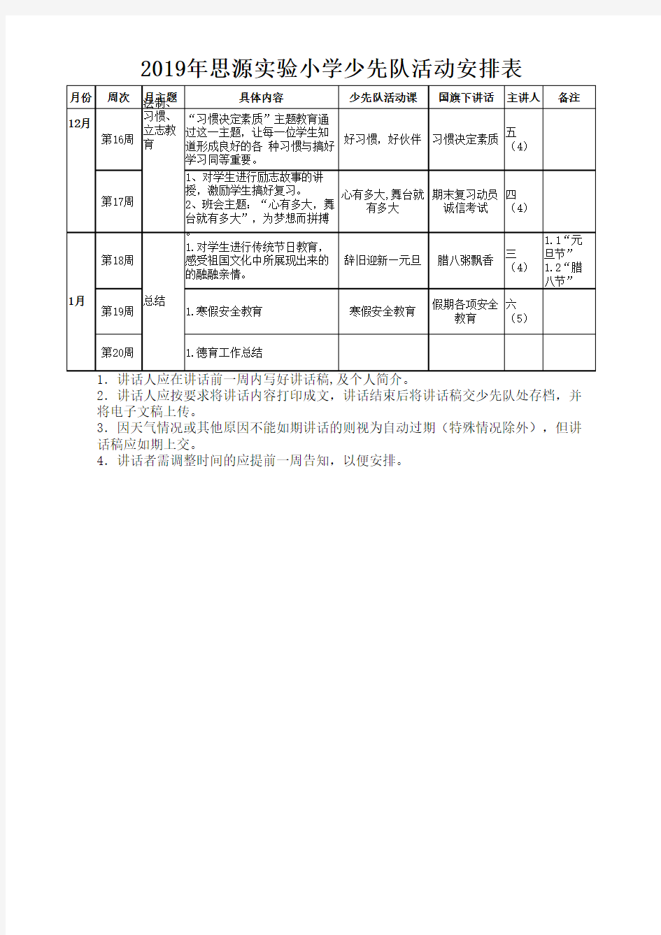 2019秋季少先队活动安排表