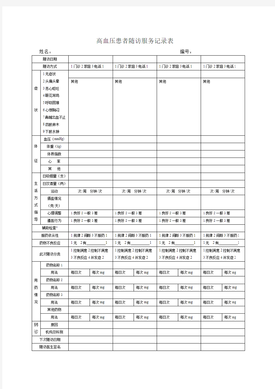 高血压患者随访服务记录表