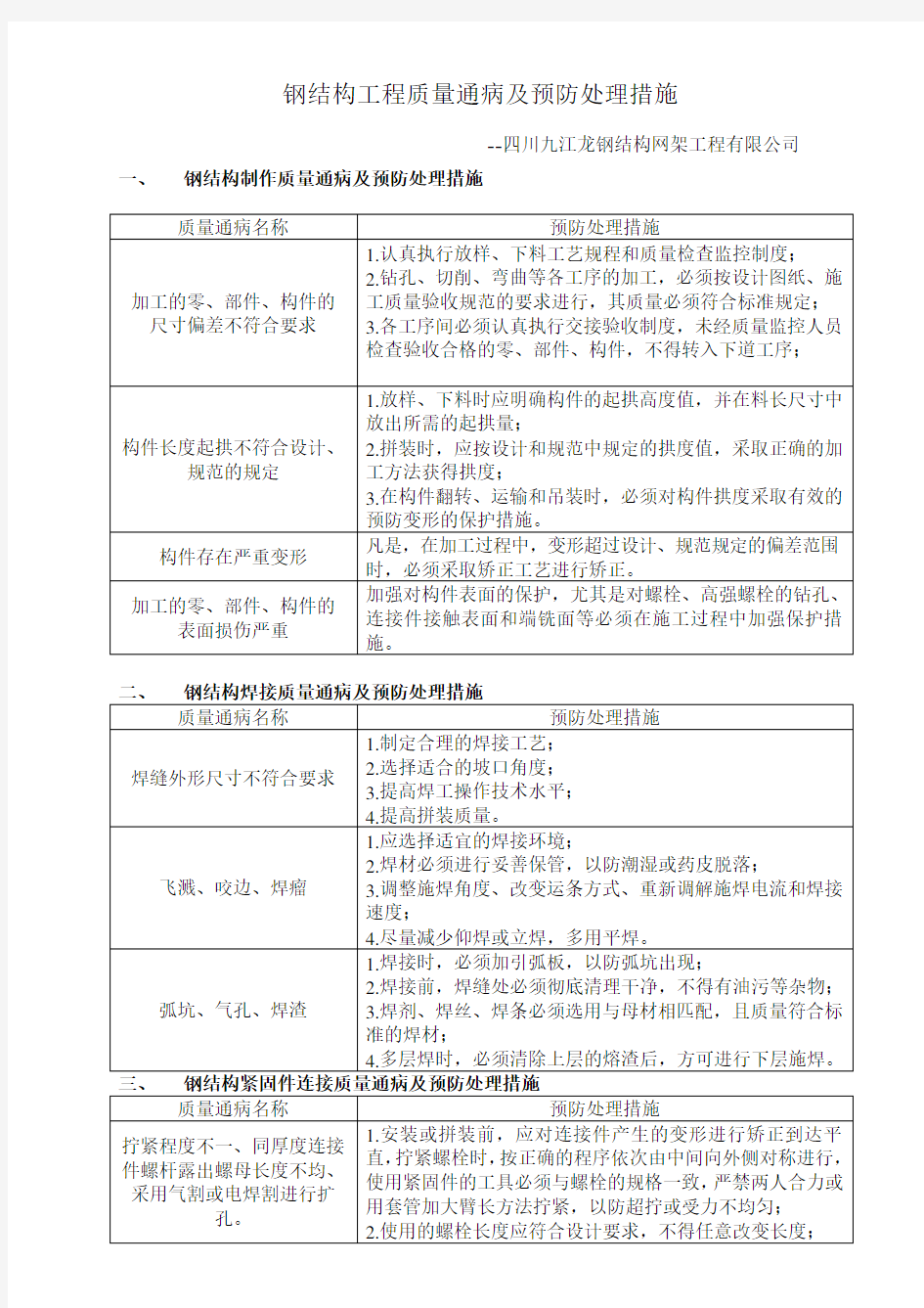 钢结构工程质量通病及预防处理措施