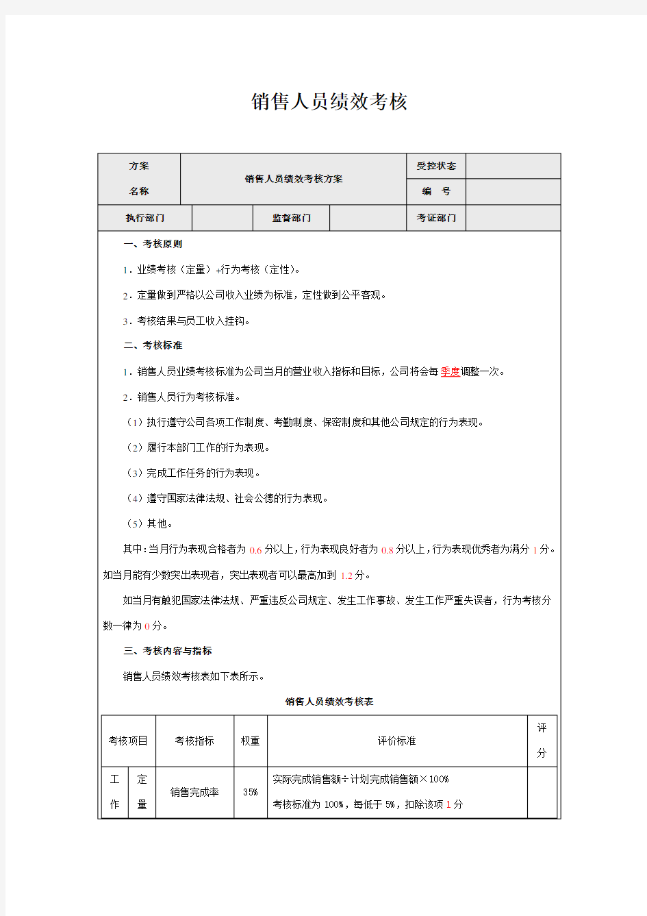 市场销售人员绩效考核指标