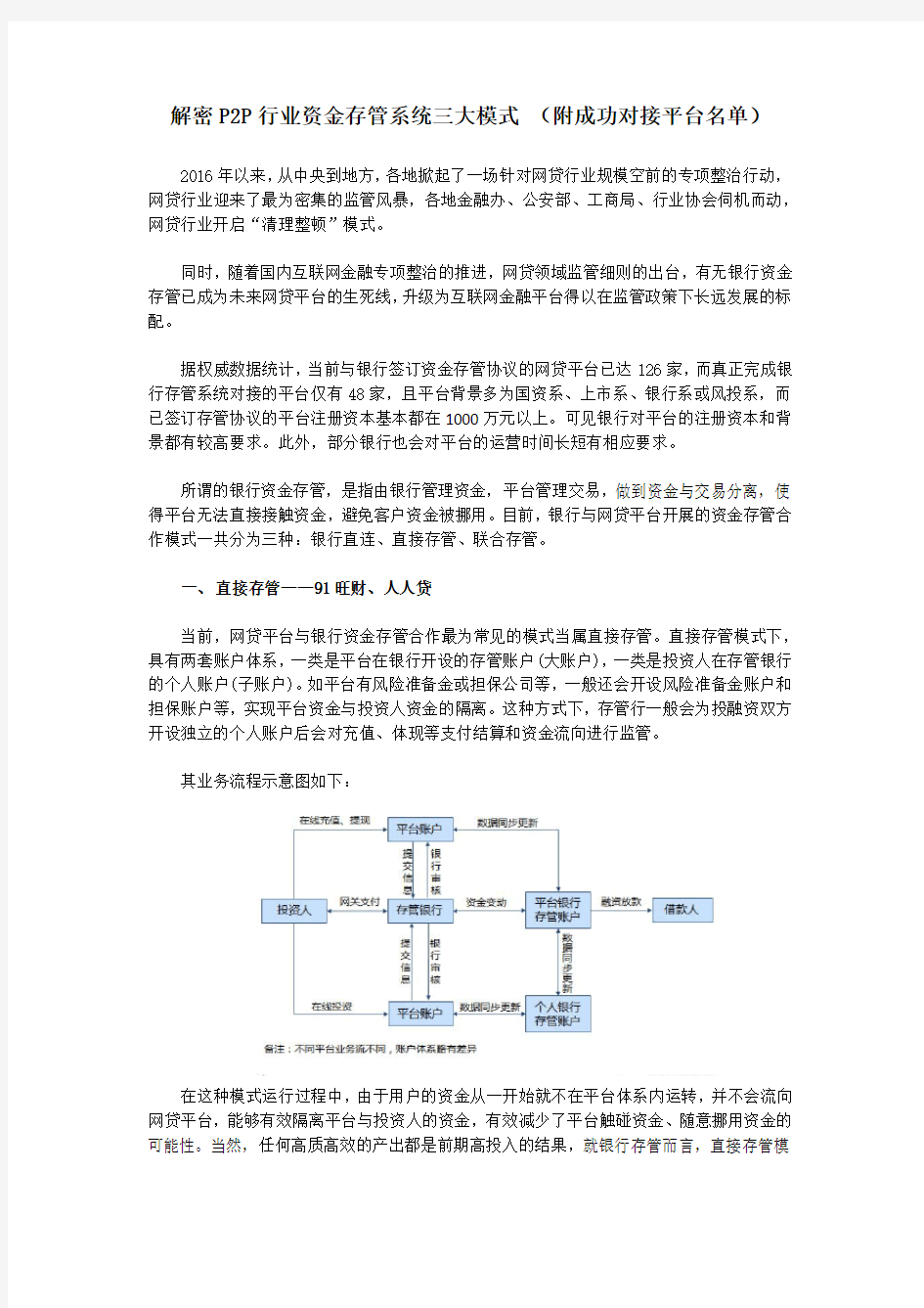 解密P2P行业资金存管系统三大模式 (附成功对接平台名单)