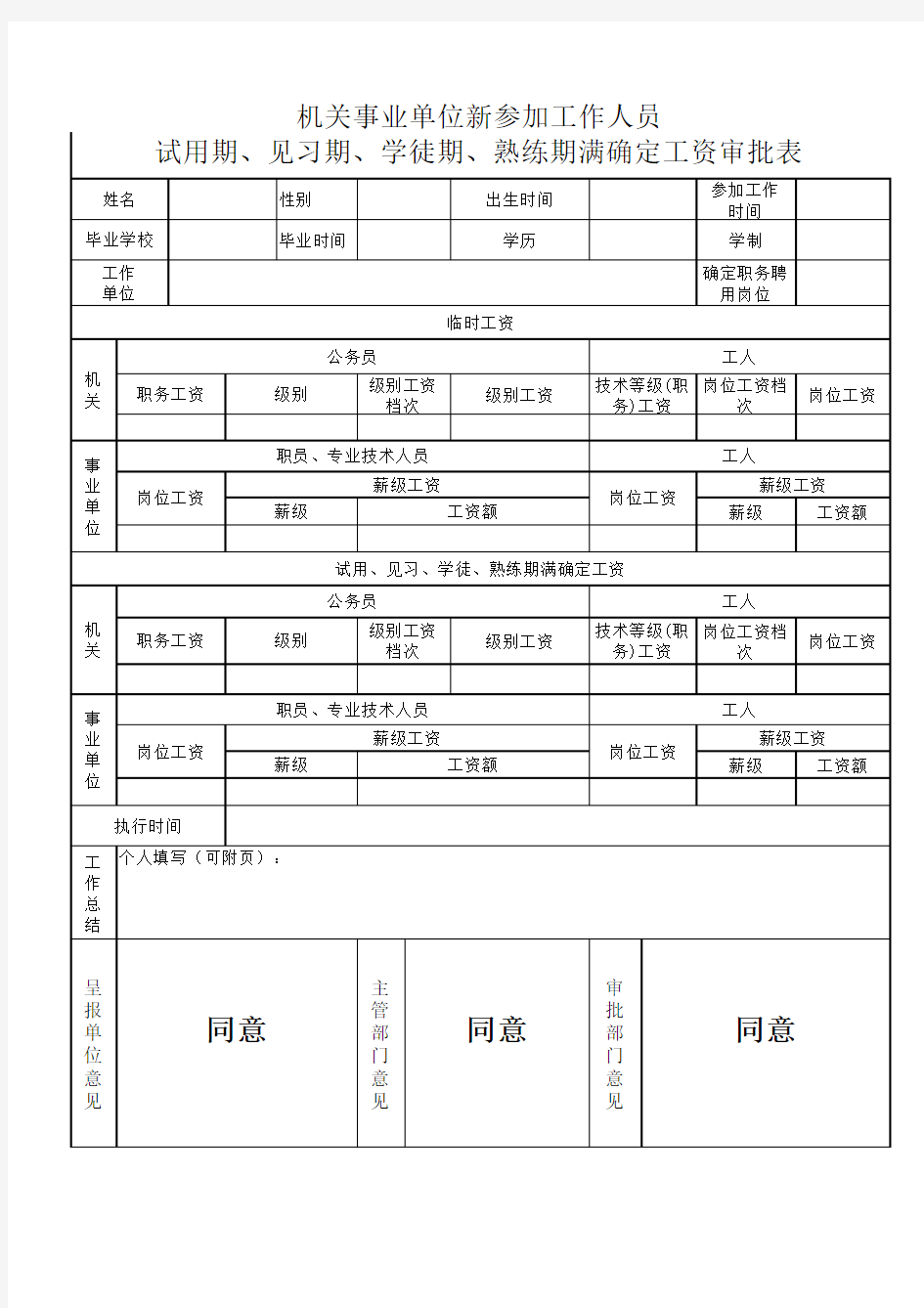 机关事业单位新参加工作人员试用期、见习期、学徒期、熟练期满确定工资审批表