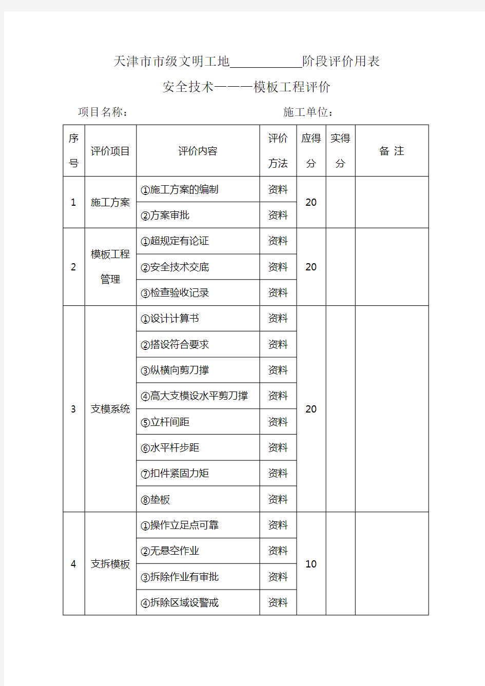 天津市市级文明工地           阶段评价用表