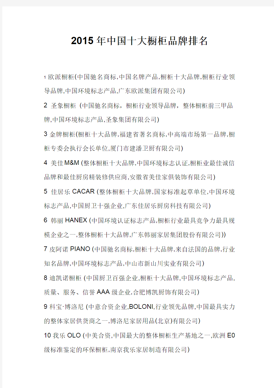2015年中国十大橱柜品牌排名