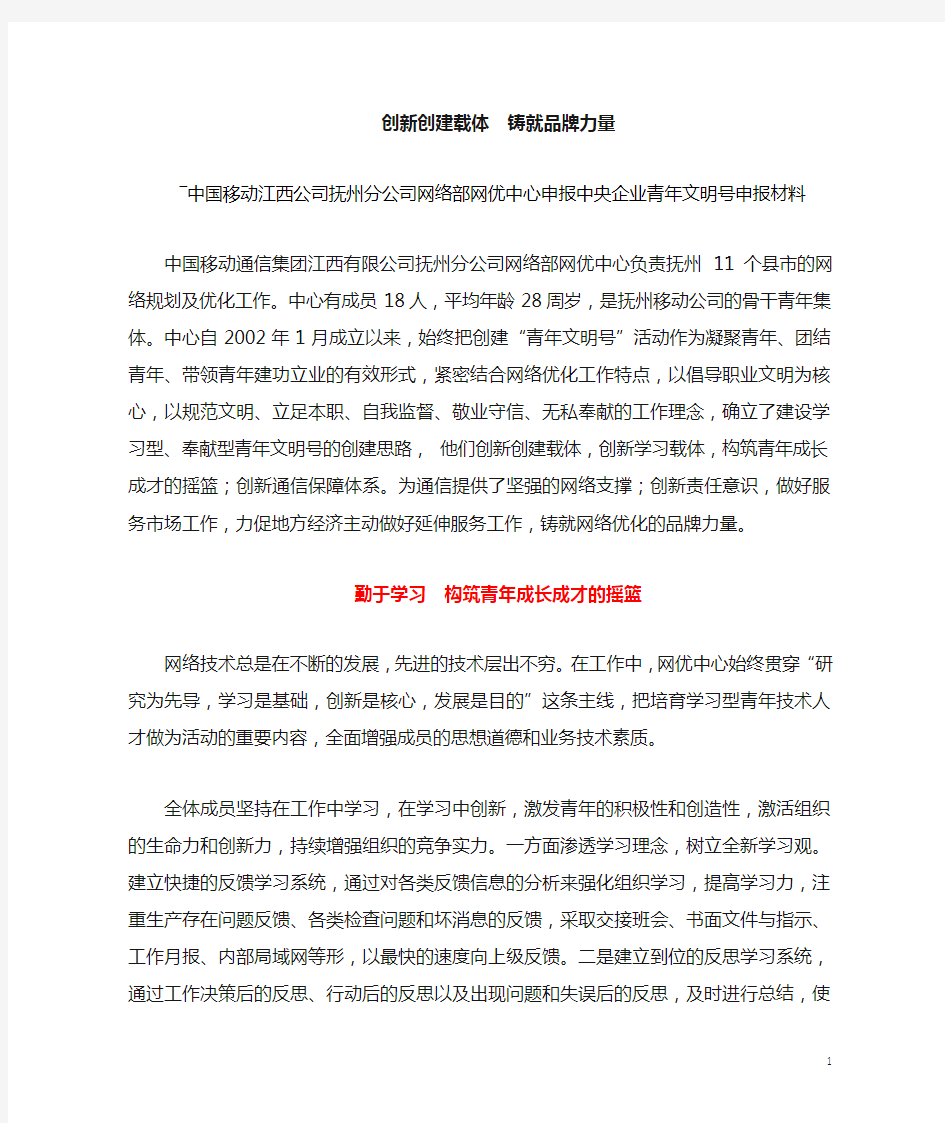 中央企业青年文明号申报材料-网优中心2013