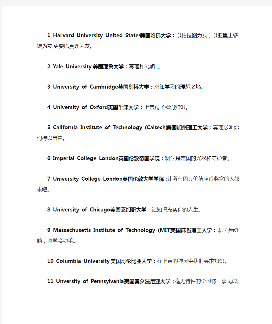 2012年世界排名前100大学(及校训)