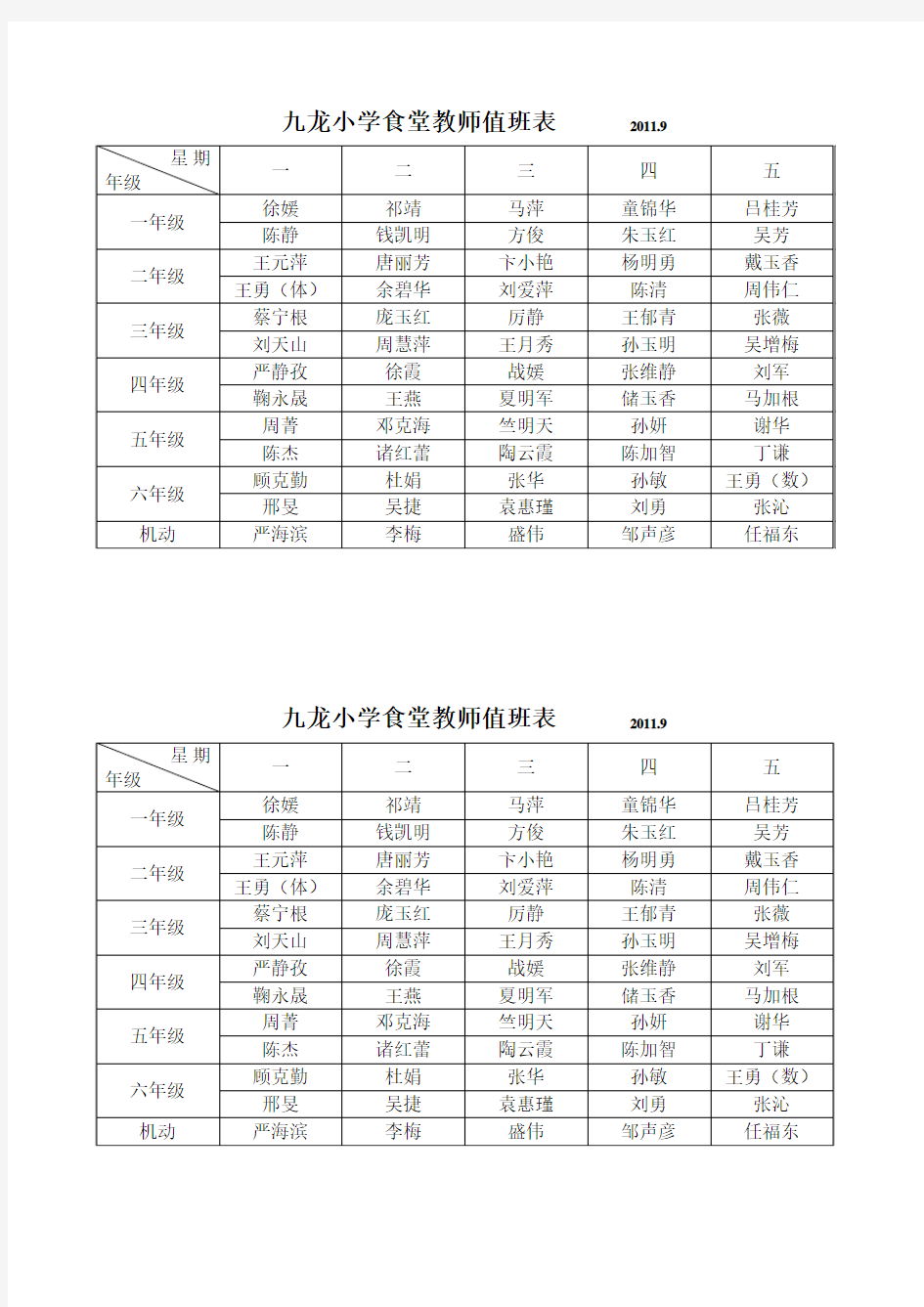 九龙小学食堂教师值班表      2011