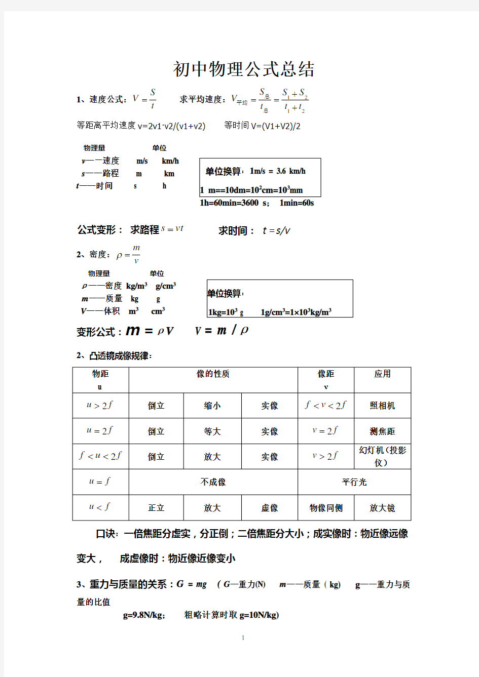 新人教版初中物理公式总结