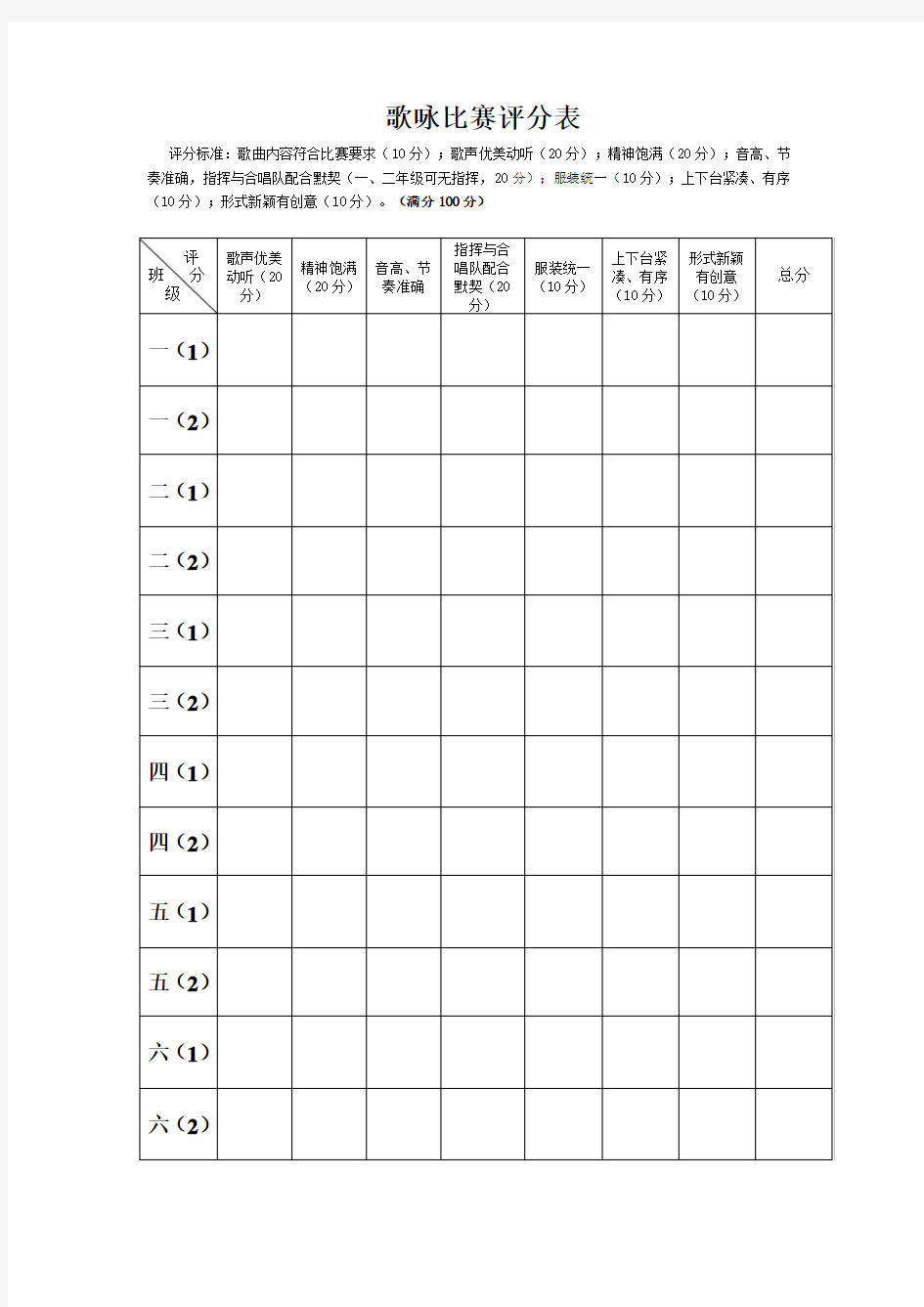 歌咏比赛评分表