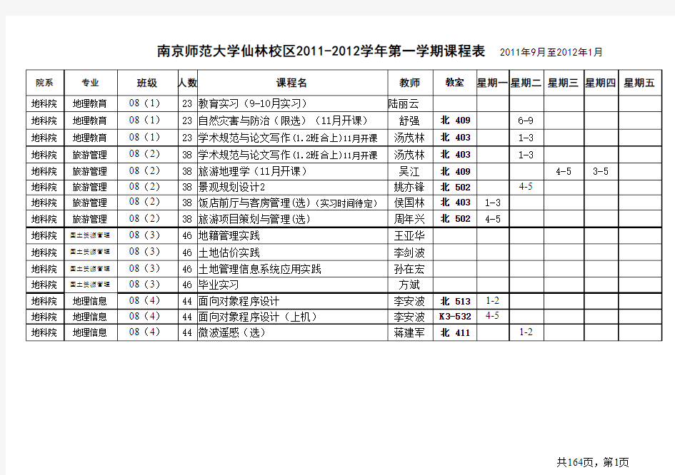 南京师范大学仙林校区2011-2012学年第一学期课程表