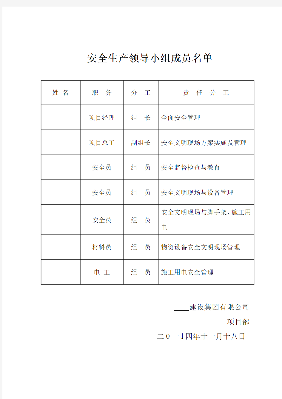 安全生产领导小组成员名单