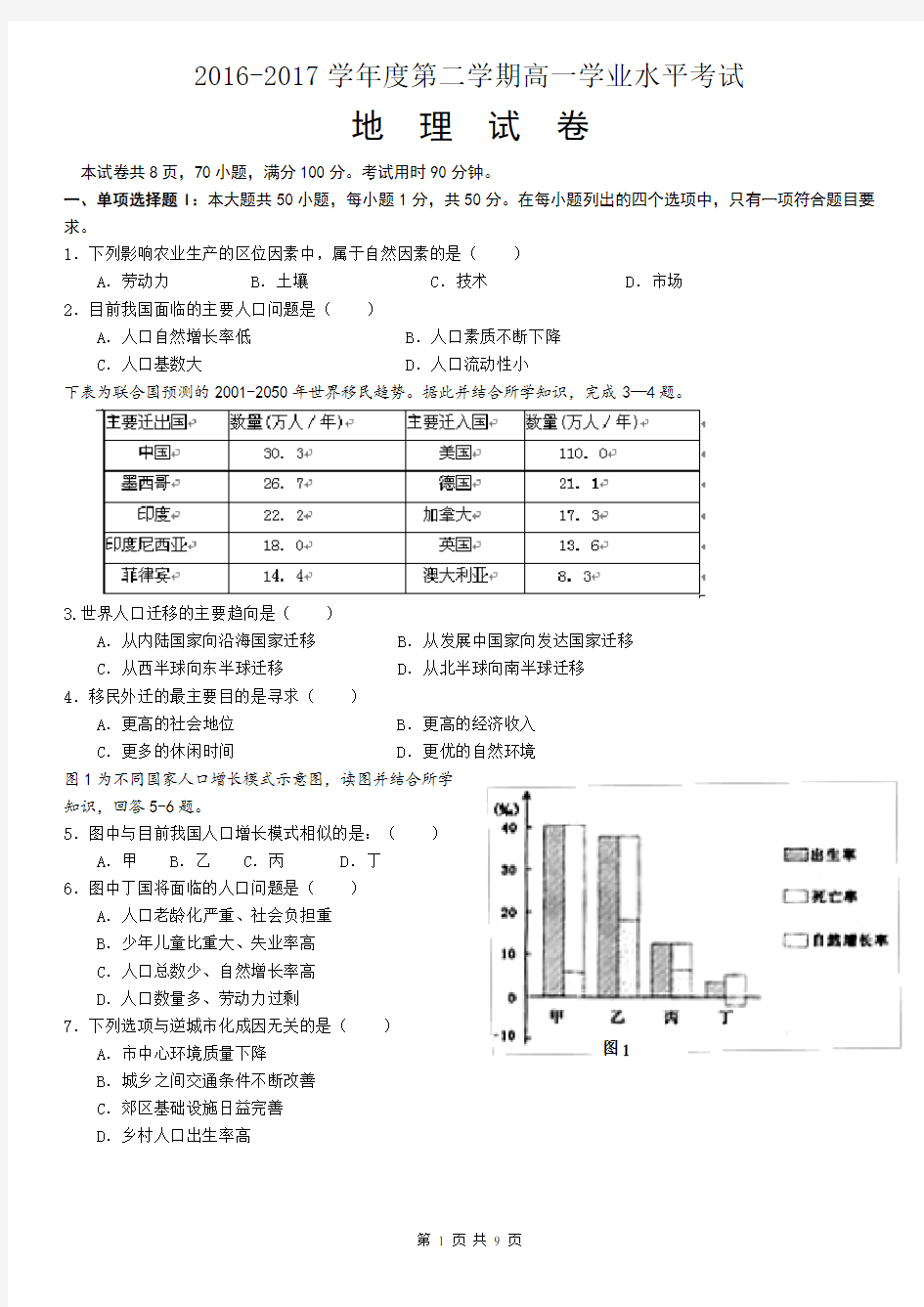 高一地理学业水平测试题(含答案)