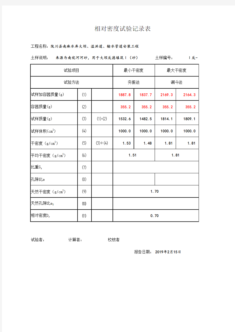 粘土回填相对密度检测记录表