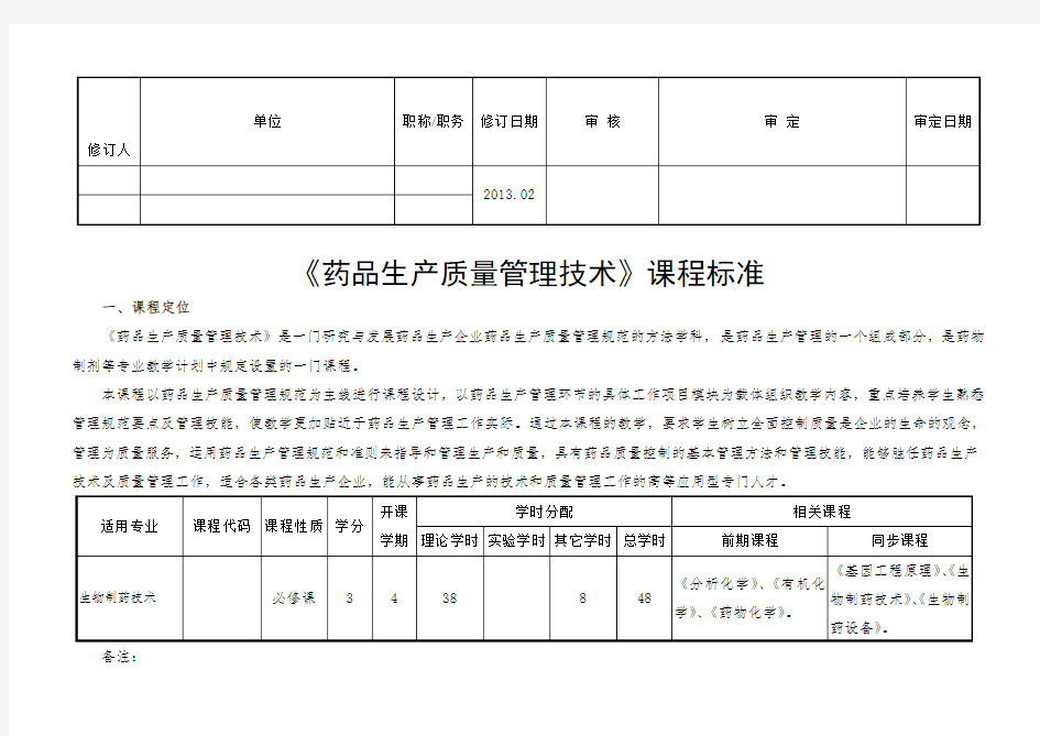 最新《新版GMP实务教程》课程标准  生物制药技术(药品生产质量管理技术)汇编