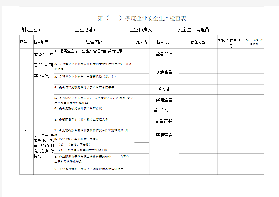 第()季度企业安全生产大检查情况检查表