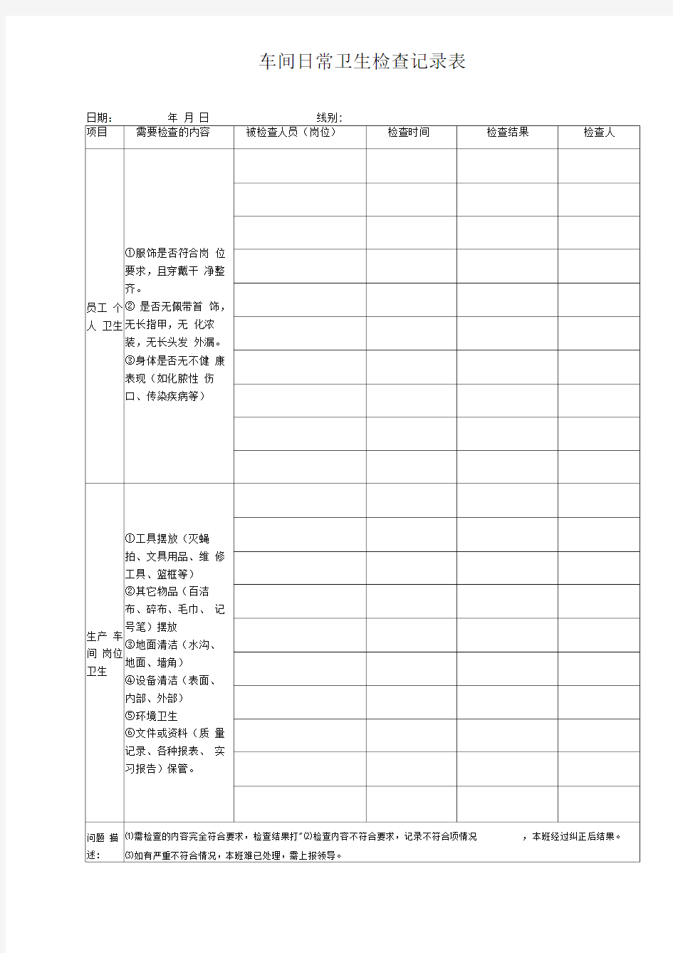 生产车间日常卫生检查记录表