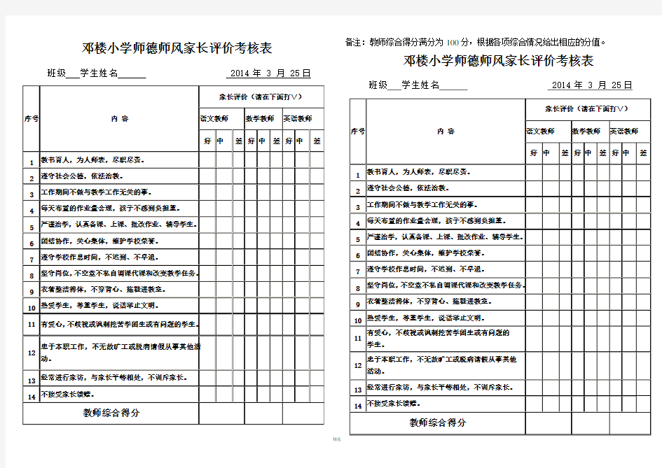 师德师风家长评价表