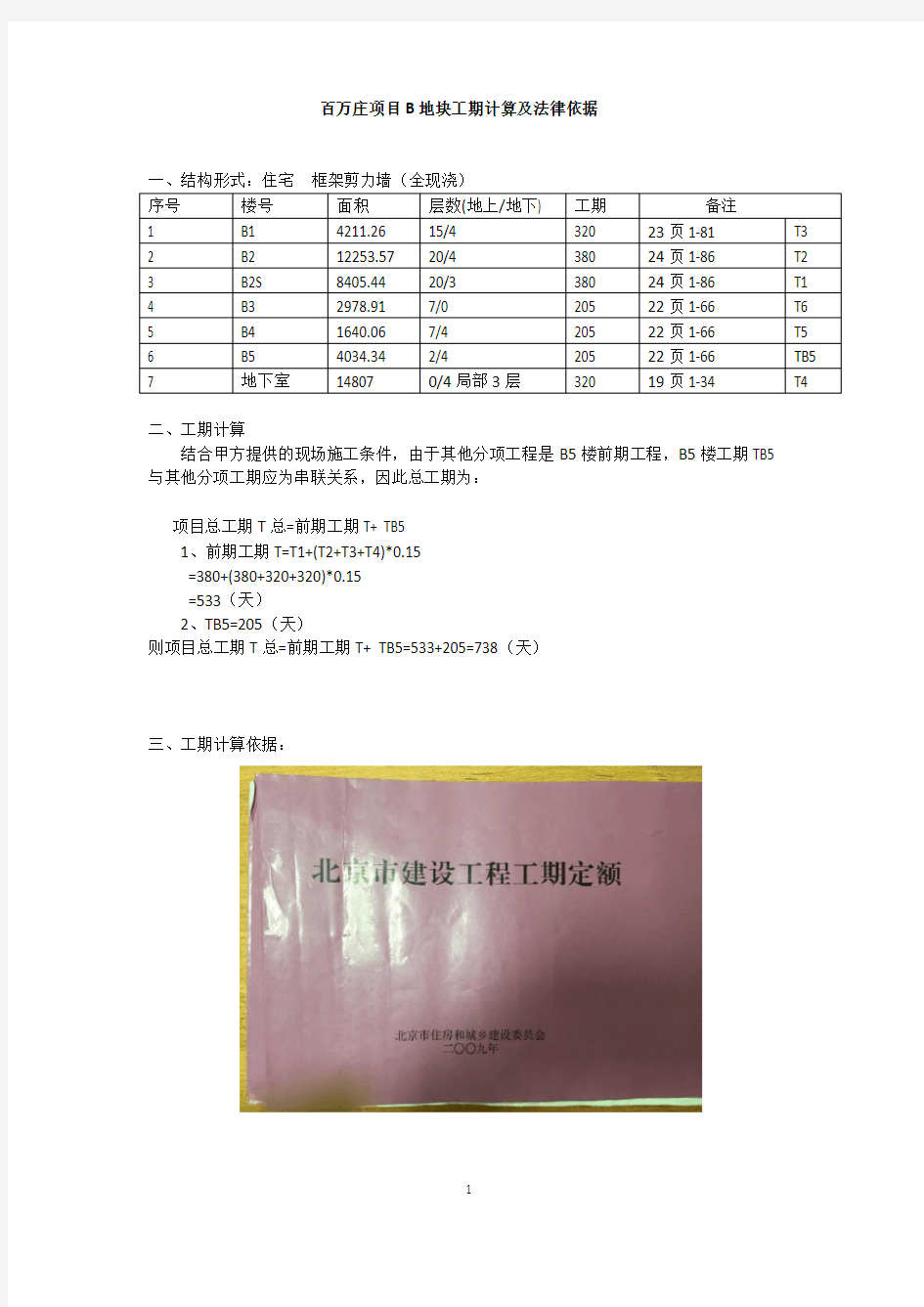 (完整版)定额工期计算方法实例及法律依据(样板)-居民住房改善项目(B地块)