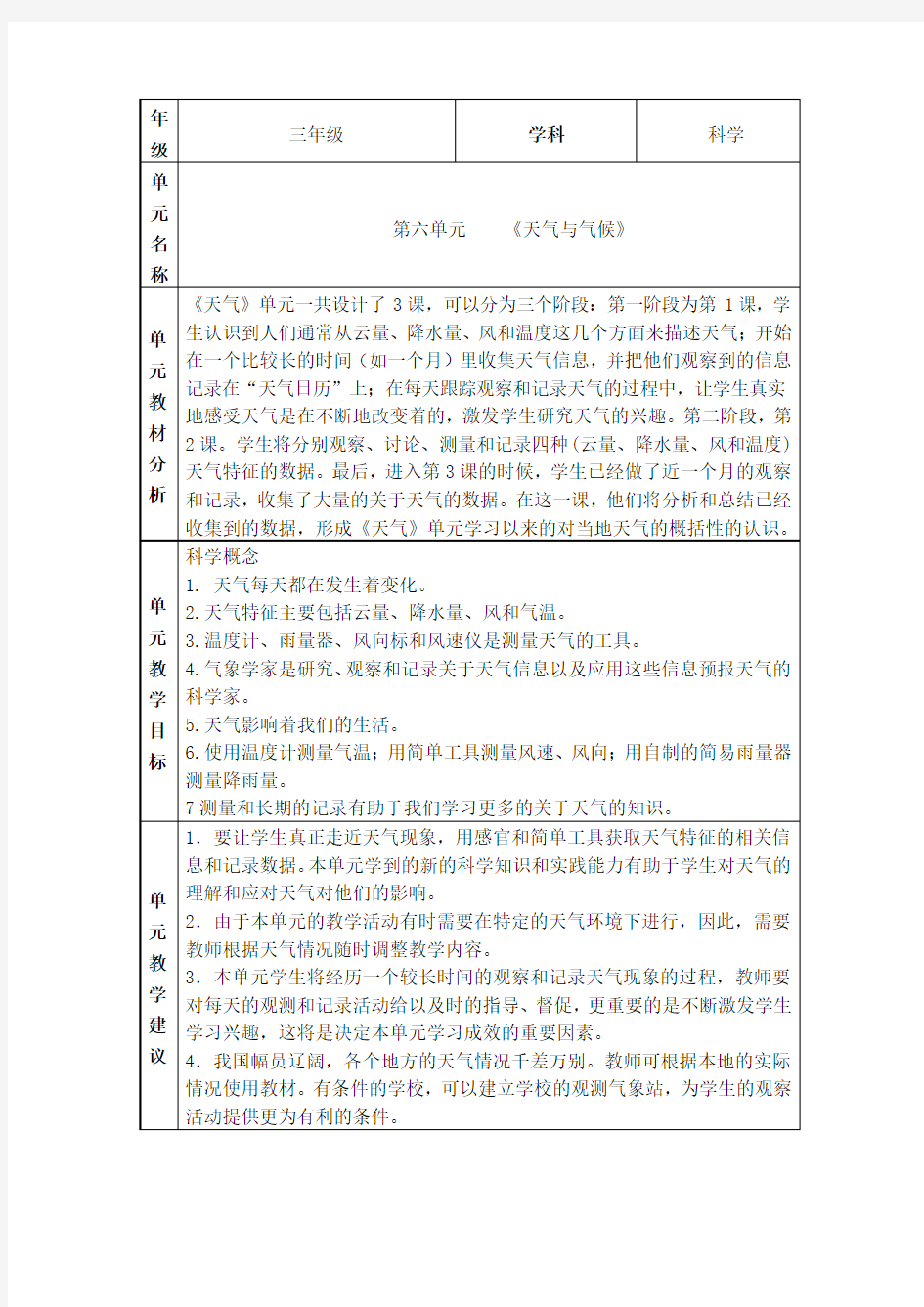 三年级科学六单元天气与气候单元备课