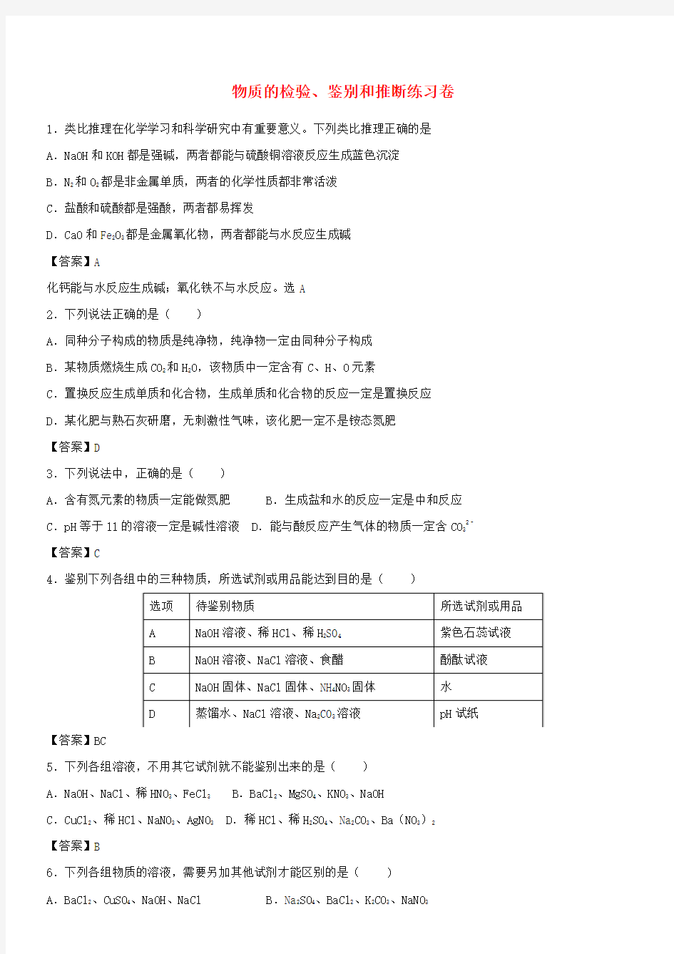 最新中考化学重要知识点 物质的检验、鉴别和推断 配套练习卷