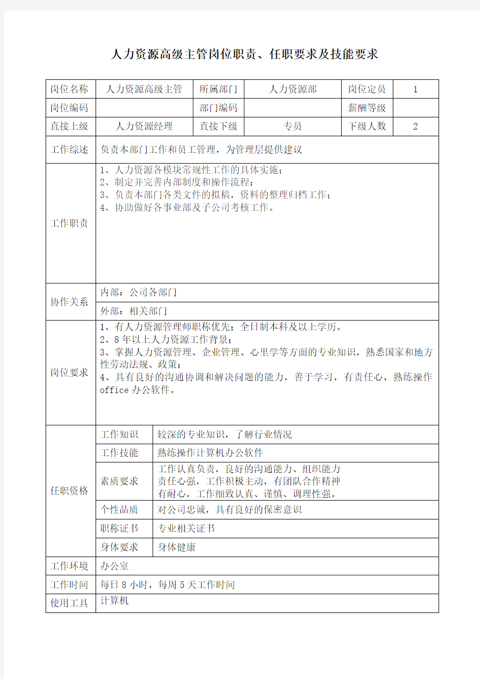 人力资源高级主管岗位职责和任职要求