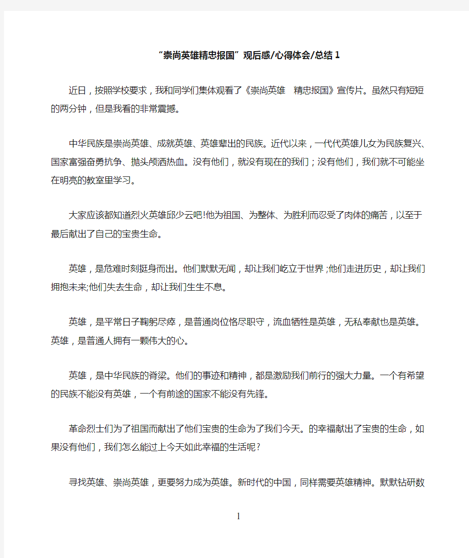 崇尚英雄 精忠报国 观后感心得体会总结两篇