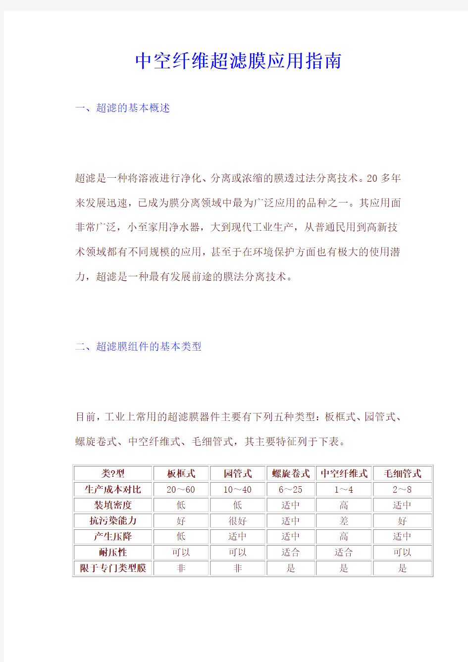 中空纤维超滤膜应用指南