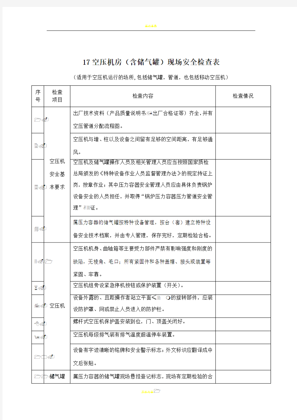 空压机房(含储气罐)现场安全检查表