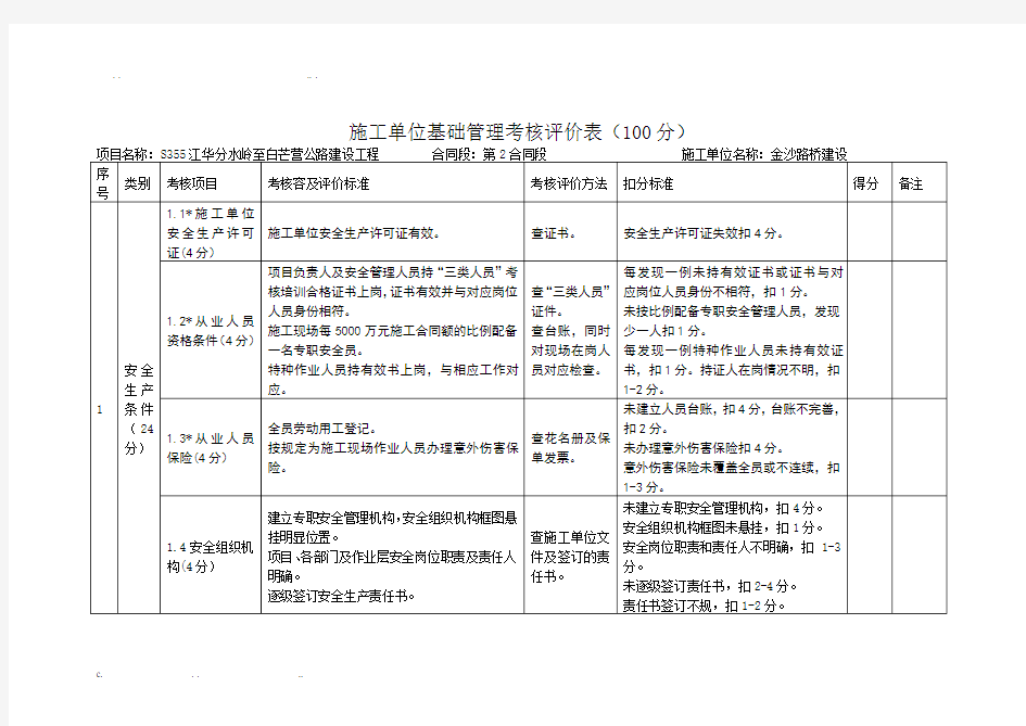 施工单位平安工地考核评价表(标准)