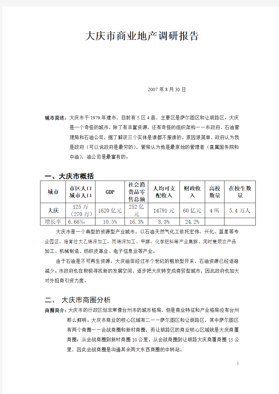 2007大庆市商业地产调研报告