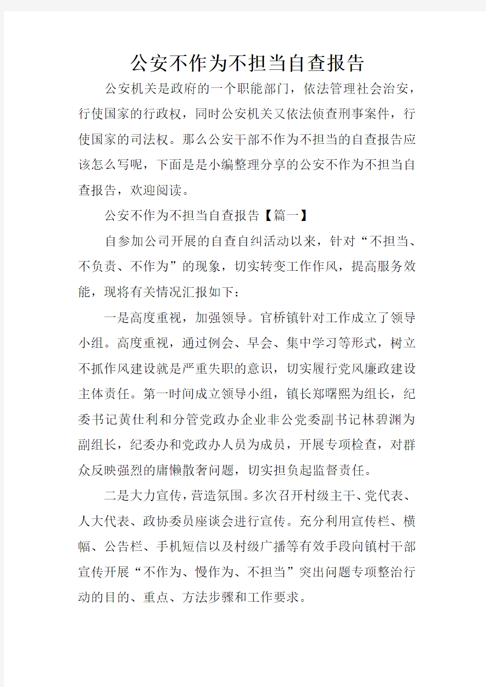 公安不作为不担当自查报告